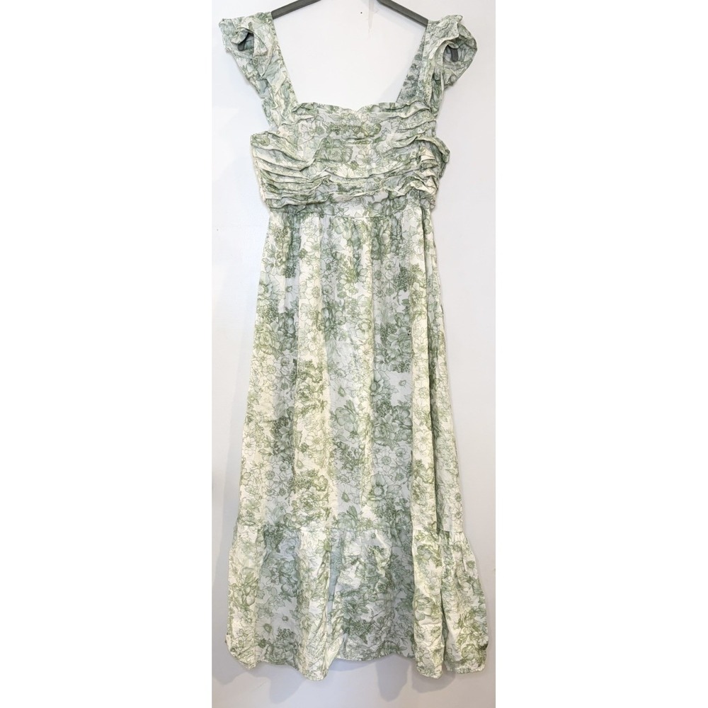 Blu Pepper Green Floral Smocked Ruffle Strap Square Neck Midi Dress Cottage L